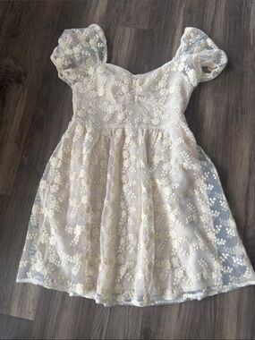 Altar'd State Cream Floral Lace Puff Sleeve Dress